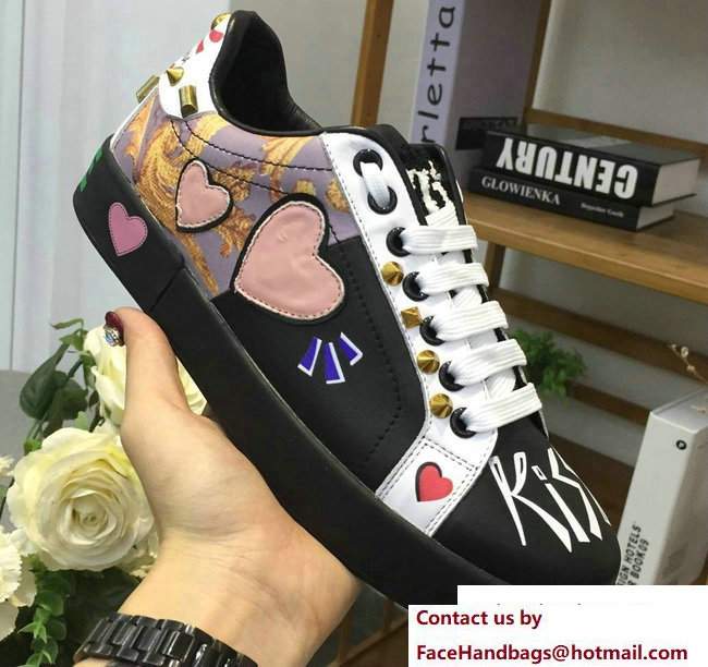 Dolce & Gabbana Leather Sneakers Patch Heart and Applique Black 2017